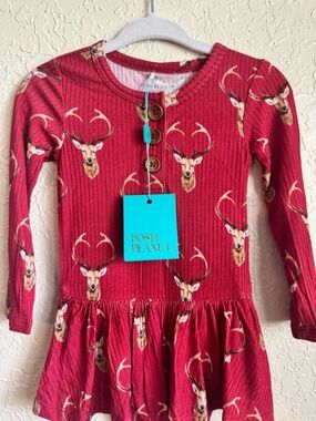 NWT Posh Peanut Dash Long Sleeve Henley Twirl Skirt Bodysuit, Red Deer